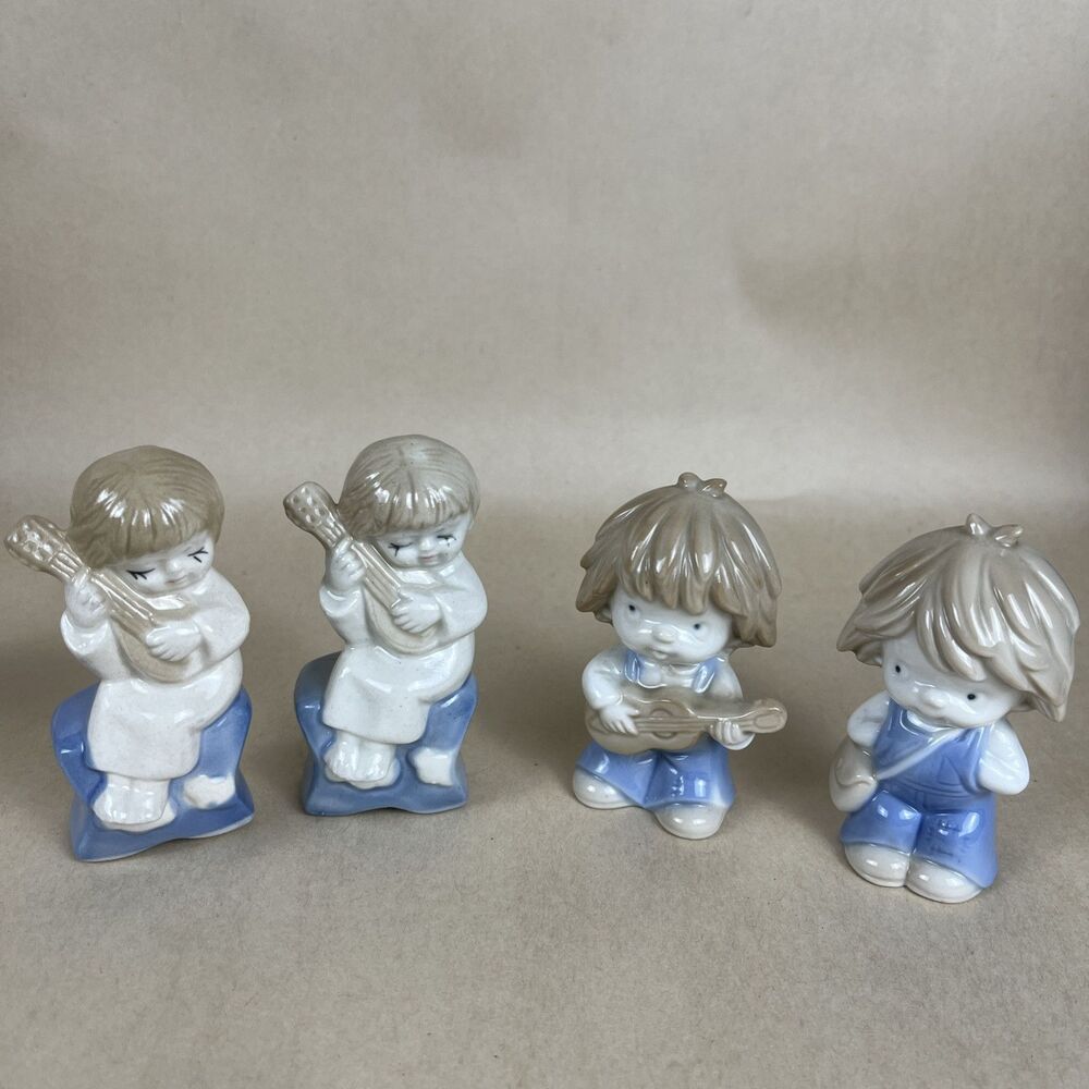 4 VTG Japan lovely porcelain boys & girls playing Instruments statues decor EUC
